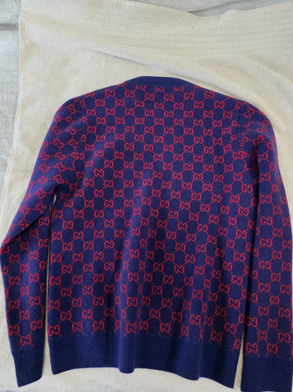 Gucci Navy & Red All-Over GG Crewneck Wool Sweater